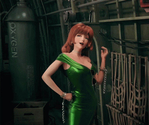 a woman in green dressed in an art - deco styled setting