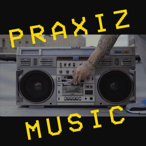 a person's hand in front of a boom box and the words praxiz music