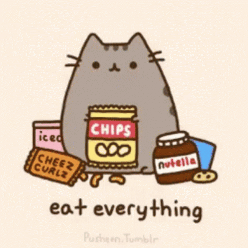 an illustrated cat with various foods for cats to eat