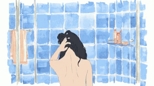 a drawing of a girl standing in a bath room