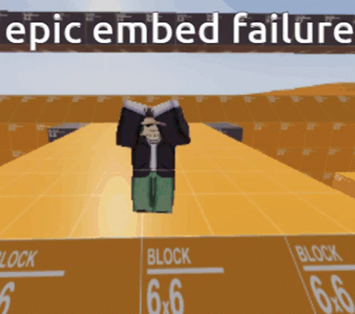 a person in a virtual outfit stands at a blue carpet with a banner saying epic embed failure