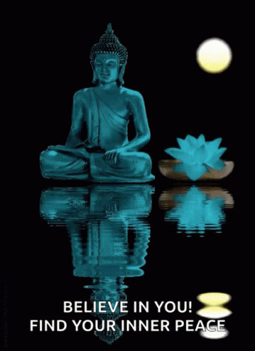 buddha statue sits next to the water with an advert for inner peace