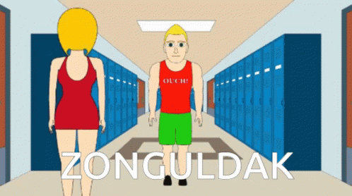 two cartoon females are standing in front of lockers