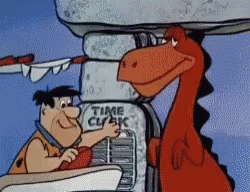a dinosaur is looking at a cartoon character