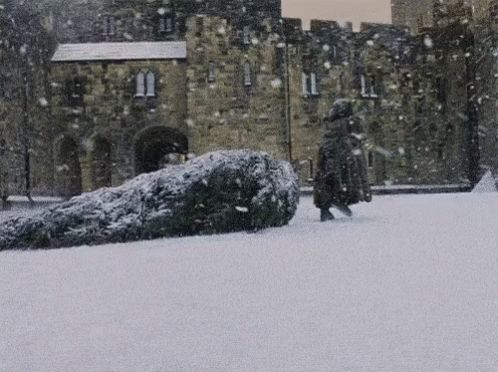there is a man walking in front of the castle