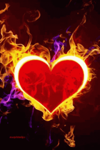 the background has blue and red flames with a dark heart