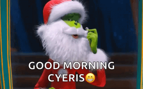 a blue and white man wearing green shoes with an emojble text reading good morning cyers