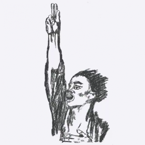 drawing of a man with one hand above his head, and holding soing up high