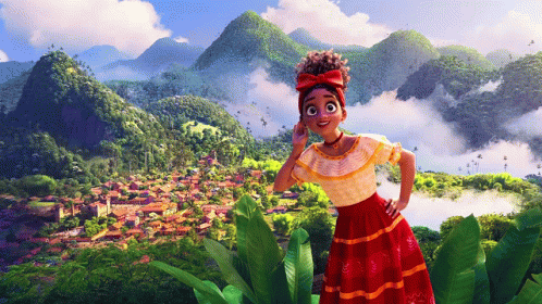 an animated blue dressed woman in the jungle