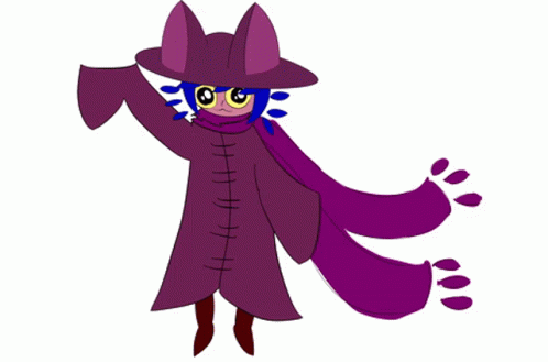a cartoon of a creepy looking creature with a funny hat and purple coat