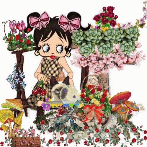 a cartoon painting of a little girl surrounded by flowers and plants
