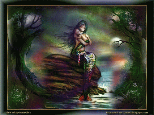 a mermaid holding her belly up standing in a forest