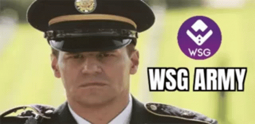 an ad with a male in a uniform and the wsg army insignia over the image