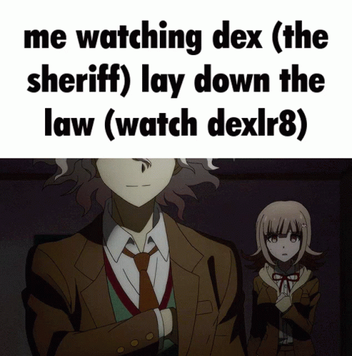 a man in suit and tie holding a girl with text stating, me watching dex the sheriff joy down the law watch dexrk8