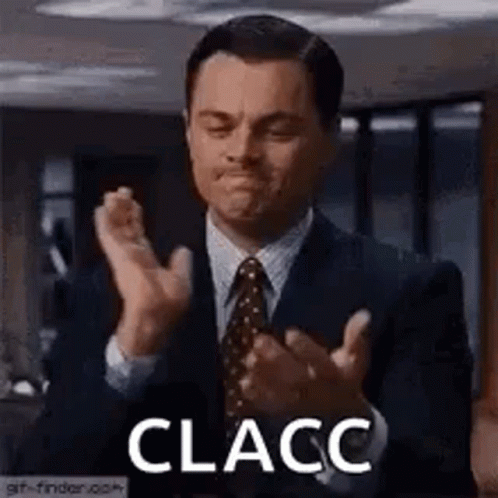 a man is gesturing to an ad that says clac