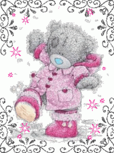 a picture of a teddy bear in purple with snowflakes