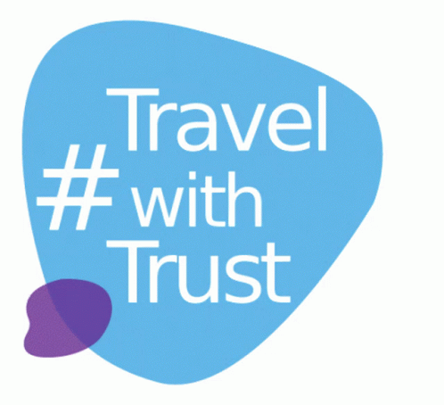 a yellow and purple sign that reads travel with trust