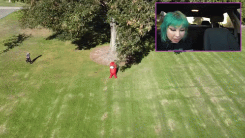 a woman with blond hair is walking in a yard