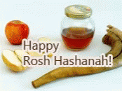 happy rosh hashahah in a blue glass jar, a pair of tongs and an apple