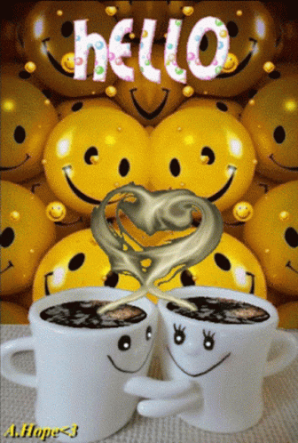 two coffee cups with mouths and eyes are sitting on the table