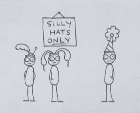 an animation drawing of two people at an event with a sign hanging above them