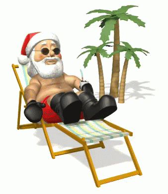 a cartoon of santa claus relaxing on a lawn chair