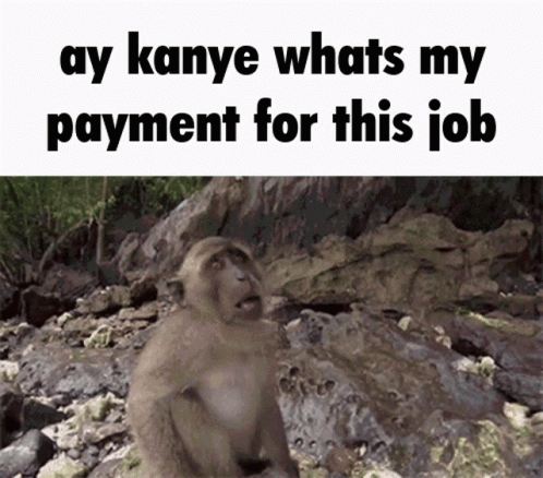 a monkey is sitting on rocks and the words say ay kannye whats my payment for this job are written in black and white