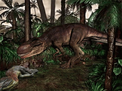 two dinosaurs in an old - fashioned environment with trees