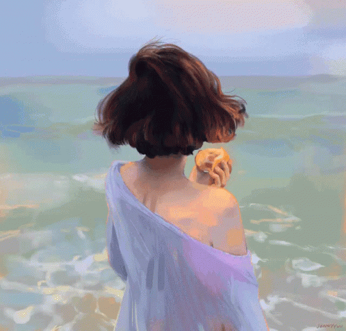 a painting of a woman looking out at the ocean