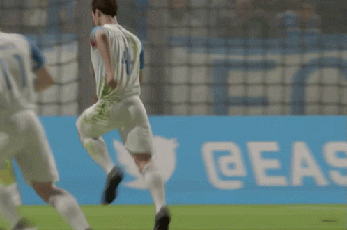 an animated video player running and a soccer ball with an in motion position