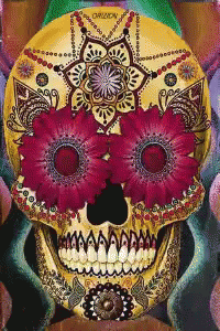 a decoratively decorated skull with purple flowers on his face