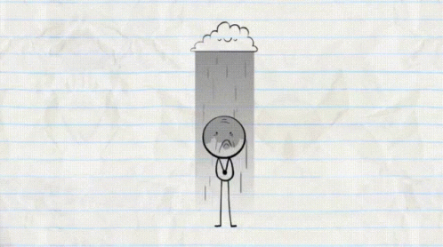 an illustrated drawing of a cartoon character in front of a cloudy sky