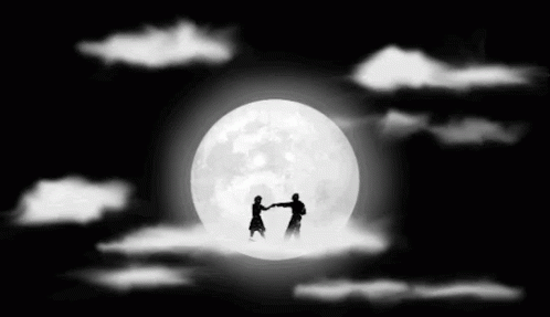 two people standing on clouds against the moon