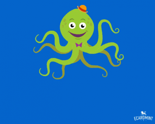 an octo is wearing a plastic hat and has a toothbrush in its mouth