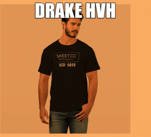 an animated po of a man wearing a black t - shirt with the words drake hvh in blue over it