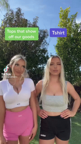 two women posing in underwear and shorts with text describing'topps that show off our goods '