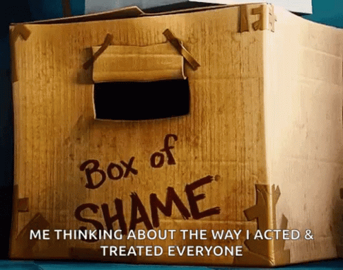 a cardboard box that reads box of shame and has a picture of someone's hand on it