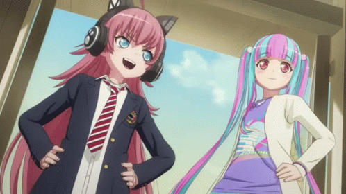 an anime couple dressed in fashion clothing and headphones standing beside each other