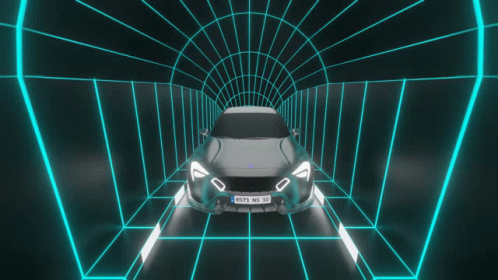 a white car driving in the center of an abstract tunnel