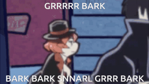 a cartoon with the word bark and a man with a hat sitting by a staircase