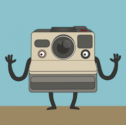 a cartoon camera with hands up and eyes open, in front of a tan background