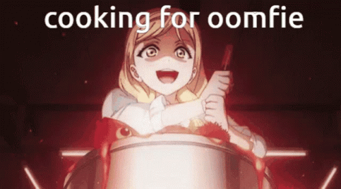 the words cooking for omfi are in front of a po of a cartoon girl in a big pot