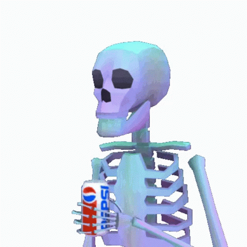 a computer animation of a skeleton holding a canned soft drink