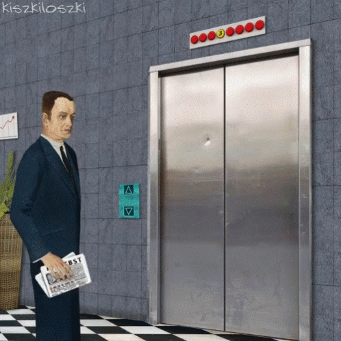 an image of a person standing in front of a stainless steel elevator