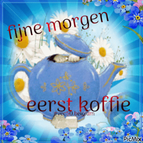 a po of flowers and a teapot with the words ferst koffe written in german