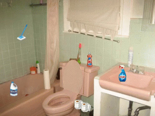 this bathroom contains a toilet, a bathtub and various cleaning products