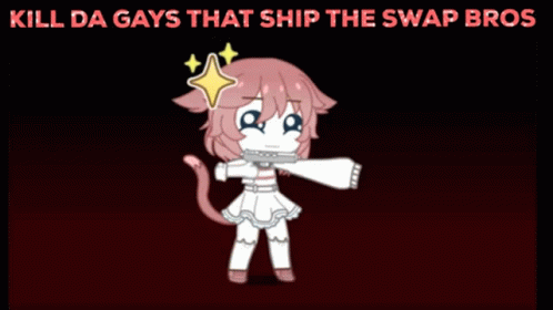 a picture of a girl holding a giant item with caption saying  guys that ship the swap bros