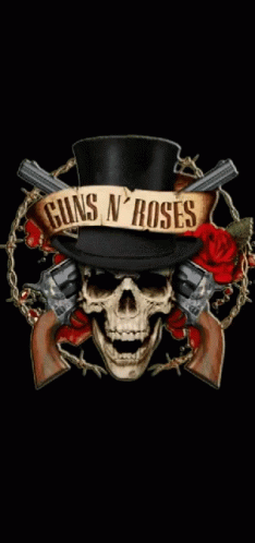 skull with a hat and two pistols, and guns'n roses logo