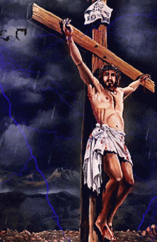 a painting shows jesus on the cross as lightning approaches