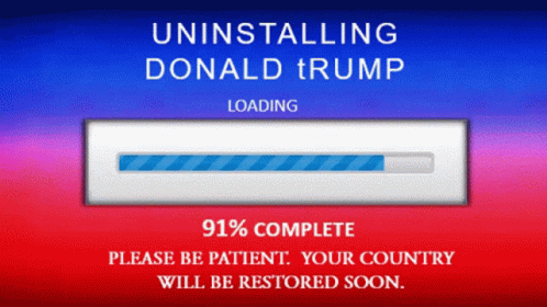 a red and blue screen has a bar with the words uninstalling donald trump loading